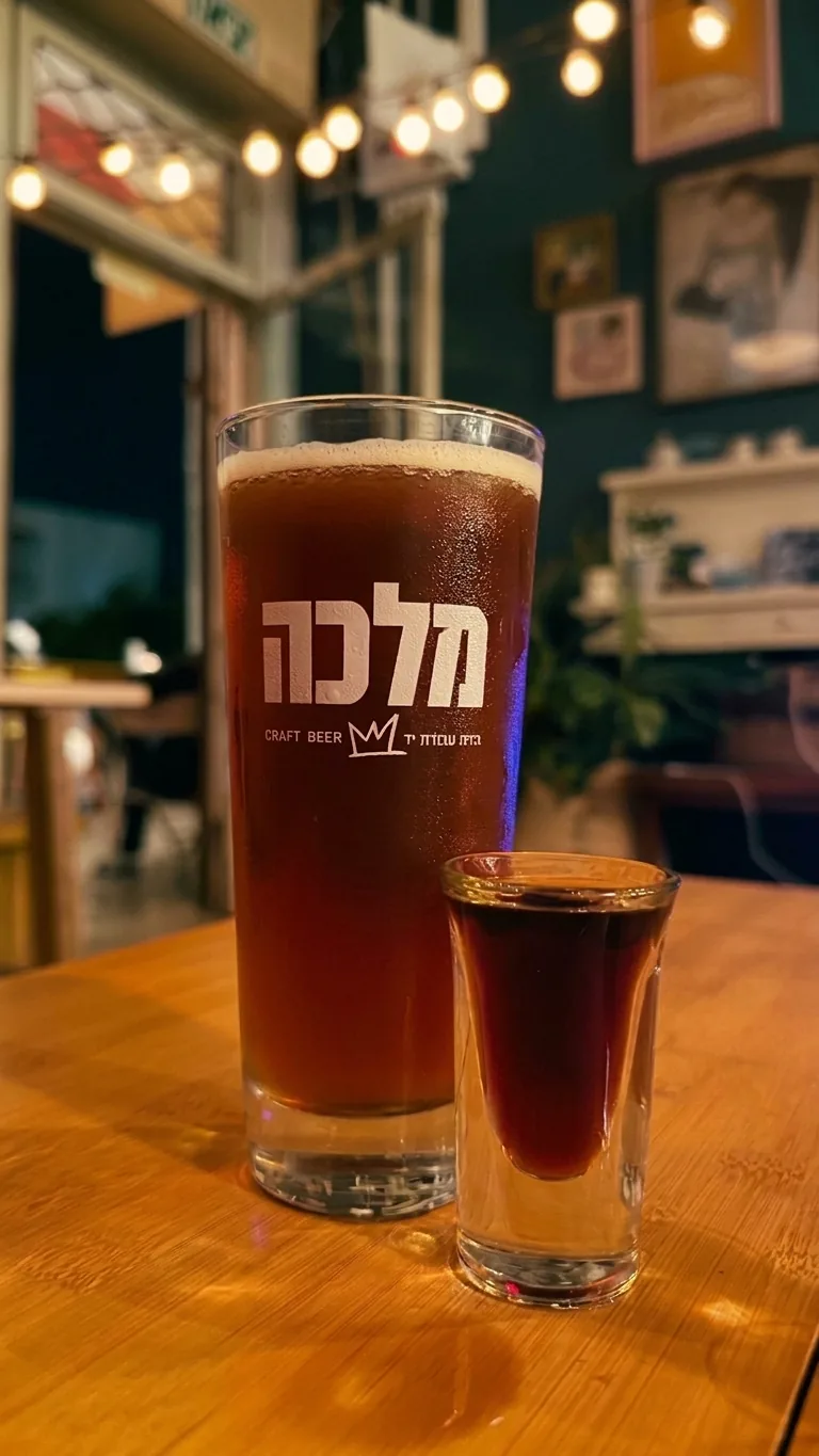 בירת מלכה וצ'ייסר על שולחן עץ